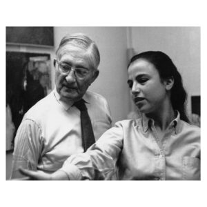 Eva Hesse on the right and Professor Josef Albers on the left at the Yale School of Art and Architecture. Black and white photo.