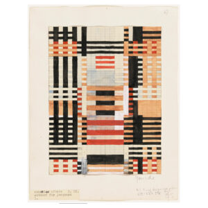 Anni Albers' Preliminary Design for Wall Hanging of 1926. Gouache and pencil on paper. Dense network of red, black, orange, blue, perpendicular weaves.