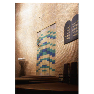 Colored photo of the interior of the Temple Emanu-El, Dallas, Texas, showing ark covering designed by Anni Albers in 1957.