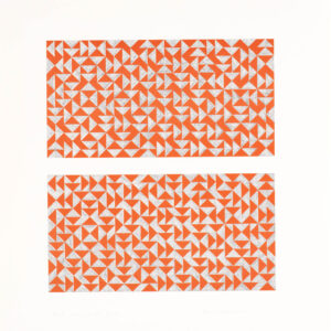 Anni Albers' Fox I, 1972. Two rectangles on a white background formed by many small orange and gray triangles.