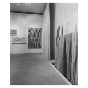 Black and white photo. Installation view of Anni Albers Textiles held at the Museum of Modern Art, September 14, 1949–November 6, 1949. Gelatin silver print. Photograph by Soichi Sunami.