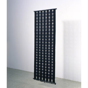 Photo of Anni Albers' Free-Hanging Room Divider of 1949. Cellophane and cord,hanging at the Museum of Modern Art, New York (1960). Rectangular, vertical, in black, grey and beige color.