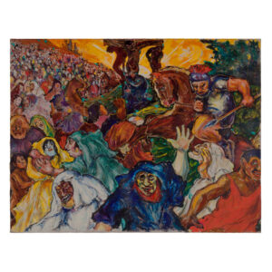 Fritz Ascher's painting Golgotha of 1915. Oil on canvas. Golgotha on the top center of the painting with Christ and the two thieves. A moltitude of vibrant colored people fill the painting.