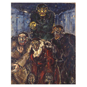 Fritz Ascher's painting Golem of 1916. Oil on canvas. Four figures, probably of poor men, depicted with dark colors, outside in a cold night.