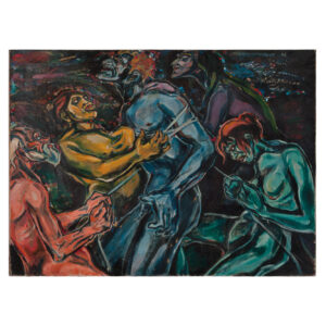Fritz Ascher's painting The Tortured of 1920s. Oil on canvas. A male blue figure in the center of the painting is tortured by other four colored figures that tighten laces around his body.