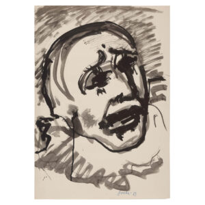 Fritz Ascher's Bajazzo of 1963. Black ink on paper. Portrait of clown looking, with desperate gaze, upwards to the right.
