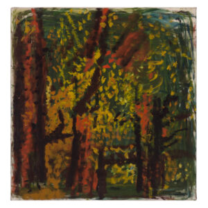 Fritz Ascher's painting Blossoming Trees of 1950s. Oil on canvas. The painting shows three trees painted in dark but vivid colors and their fronds full of green leaves.