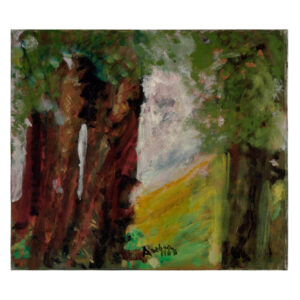 Fritz Ascher's painting Trees in Hilly Landscape of 1968. Oil on canvas. Landscape with trees to the right and left between which you can see a green lawn. The artist's signature and date is clearly visible in black on the lower central part of the painting.