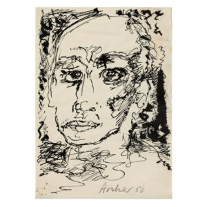 Fritz Ascher's Portrait of 1950. Black ink on paper. The face is rendered with tangled and decisive features. The artist's signature and date are visible in pencil on the lower part of the drawing.