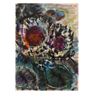 Fritz Ascher's painting Two Sunflowers (c. 1959). White gouache and black ink over watercolor on paper. The sunflowers are represented with dark dynamic brushstrokes (in orange and purple). The painting is characterized by colors of dark shades.