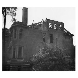 Black and white photo of the bombed-out Building in Lassenstrasse 26, Berlin. View from the Garden. Photo not dated.
