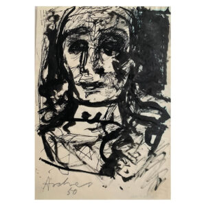 Fritz Ascher's Portrait of 1950. Black ink on paper. The face is rendered with tangled and decisive features. The artist's signature and date are visible in pencil on the lower left side of the drawing.
