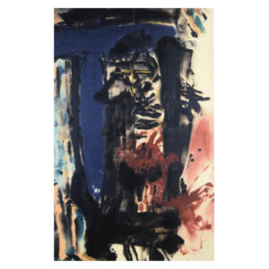 Friedel Dzubas' painting, Early Grave, of 1957. Oil on canvas, vertical painting with large abstract colored sections in blue, pink, black, brown, orange and light blue.