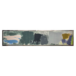 Friedel Dzubas' painting, Patmos, of 1974-75. Acrylic on canvas, horizontal painting with large abstract colored sections in several shades of grey, blue and green.