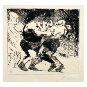 Rudi Lesser's Untitled (Ring Fight) of 1925/26. Drypoint etching. Two massive and muscular fighters face off in the ring as a referee watches to the left. On the right side at the bottom of the print you can see the audience behind the ring.