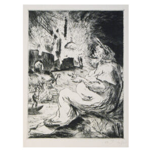Rudi Lesser's Untitled (Nero Before Burning Rome) of 1923. Drypoint etching. A figure on the right, probably Nero, observes the city in flames with figures in the background who are probably saving themselves.