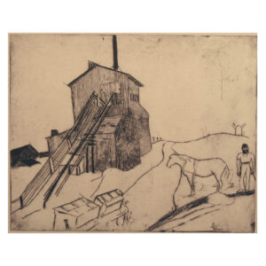 Rudi Lesser's From Denmark (Worker in the Gravel Pit) of 1933. Drypoint etching. The scene depicts gravel pit worker with a horse on the right and a wooden house on the left.