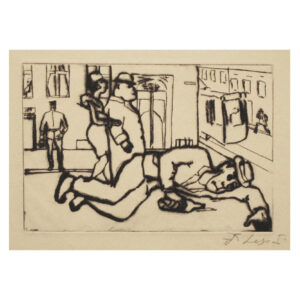 Rudi Lesser's Untitled (Drunk Lying on the Street) of 1928. Drypoint etching. The scene depicts a drunk man, lying on the sidewalk with a bottle in his hand, amid the indifference of passers-by in the city in the background.