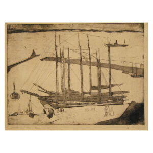 Rudi Lesser's Boats on Ven Island (Boote auf Ven) of 1936. Drypoint etching with aquatint. Port scene with a large boat in the foreground and some small figures on the lower part of the engraving.