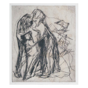 Rudi Lesser's Lovers with Bird of 1946. Drypoint etching. The scene, rendered with dynamic and broken lines, probably represents two lovers in a kiss.