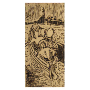 Rudi Lesser's Untitled (Night Crossing), 1955. Woodcut. A boat with some men on it crosses what looks like a stream towards a city.