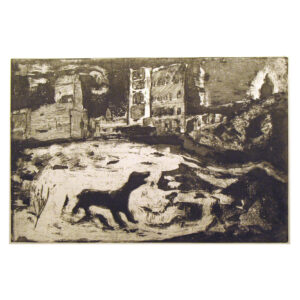 Rudi Lesser's Untitled (Dog in the Ruined Quarter) of 1956. Drypoint etching with aquatint depicting a dog in a ruined quarter.