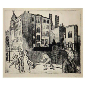 Rudi Lesser's Berlin, Street in (Berlin-) Wedding of 1928. Etching. The scene depicts a city street with several passersby and houses in the background.