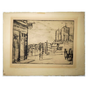 Rudi Lesser's etching with a view of the city of Brussels.