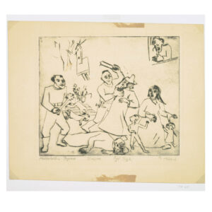 Lesser's Pogrom in the Middle Ages of 1930. Drypoint etching. Some people attack others with blunt objects.