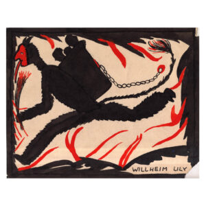 Childhood artwork not dated depicting a black human/animal figure with a red human face, carrying on his back a basket with three people inside. Colors: black, red and beige.