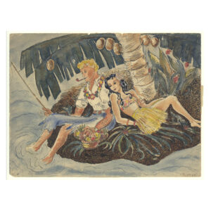 Lily Renée's Longing for an Island Life. India ink, gouache and pencil on paper, (January 1939). A couple on a small island in the ocean. A blond man fishes to the left and a woman leans gently on him to the right.