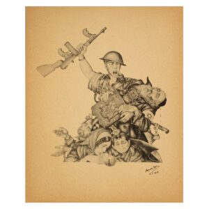 Szyk's drawing Tears of Rage (fundraising print for the Emergency Committee to Save the Jewish People of Europe, 1944). Ink on paper. a soldier with a rifle in his hand towers over some desperate and dying Jewish people below him.