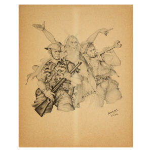 Szyk's drawing Modern Moses (fundraising print for the Emergency Committee to Save the Jewish People of Europe, 1944). Ink on paper. Moses figure in the center dividing a soldier and a worker.