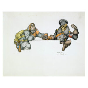 Szyk's caricature Greeting the Luftwaffe (Ottawa,1949). Graphite, colored pencil, ink on paper. An aviator on the left, shakes hands with a skeleton on the right dressed as a Nazi officer, as a representation of the destiny he will meet.