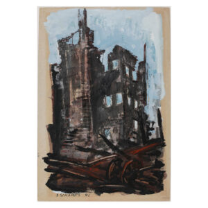 Samson Schames, Bombed House and Broken Wheel Barrow, 1941 Tempera and gouache with sand on paper, 22.44 x 15.35 in. Photo Seitz.