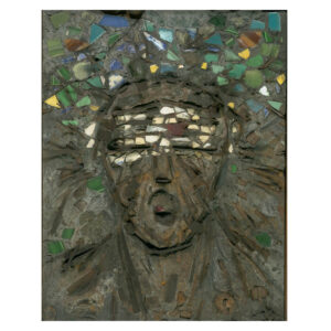 Samson Schames, Execution, 1944. Nails, pieces of sheet metal, glass, ceramic and clay shards in colored gypsum compound, 20 x 15.35 in.
