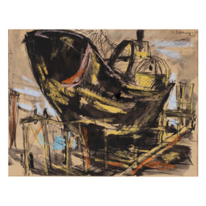 Samson Schames, Boat Docked at Harbor, 1952. Gouache and ink on paper, 10 x 13 in.