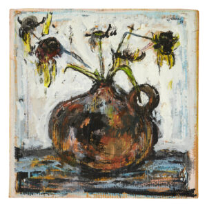 Samson Schames, Still Life, 1959. Tempera, mixed media, on corrugated cardboard, 23.6 x 23.6 in.